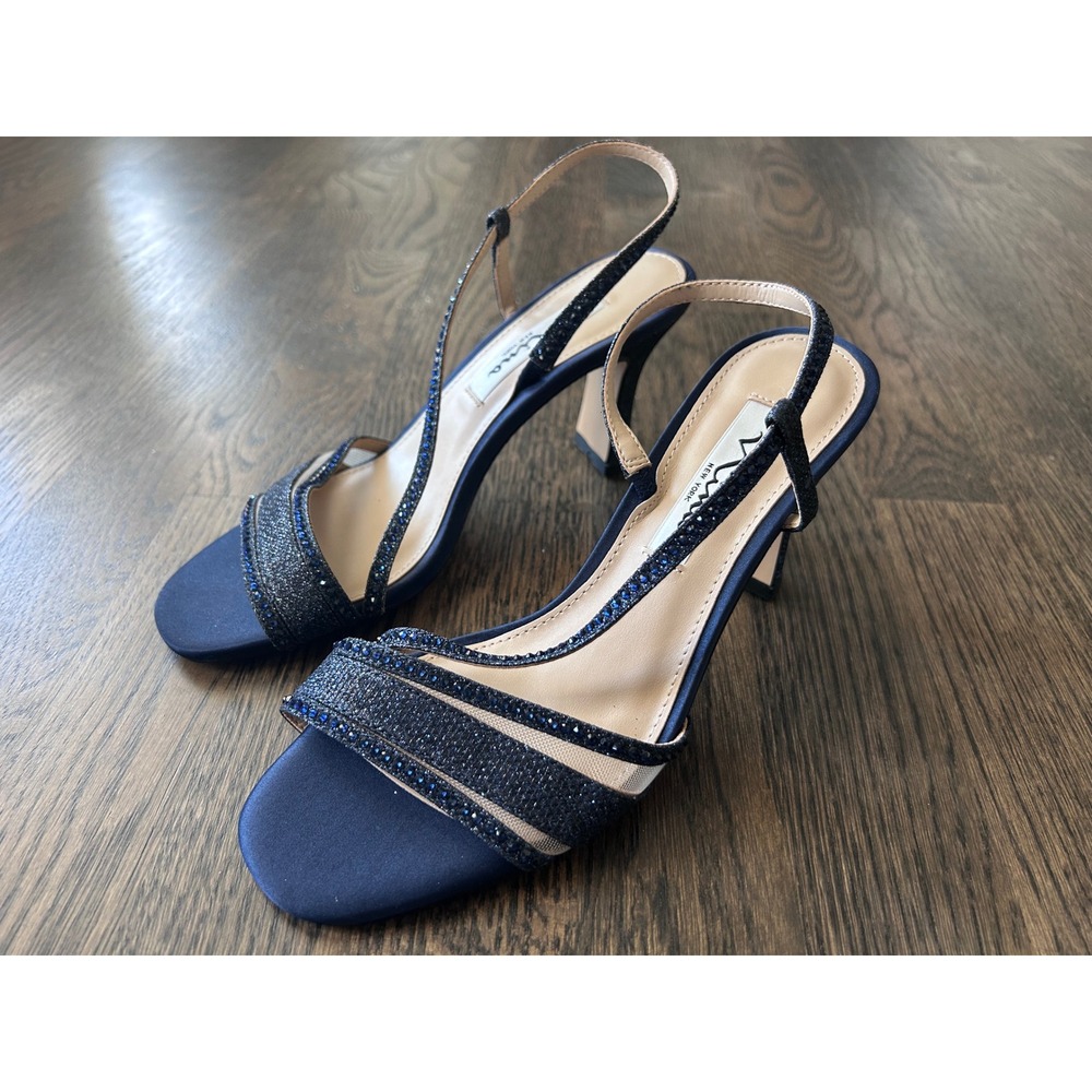 Nina New York Abbi-YF Navy Blue Glitter Rhinestone Slingback Heels Sandals 6.5M
